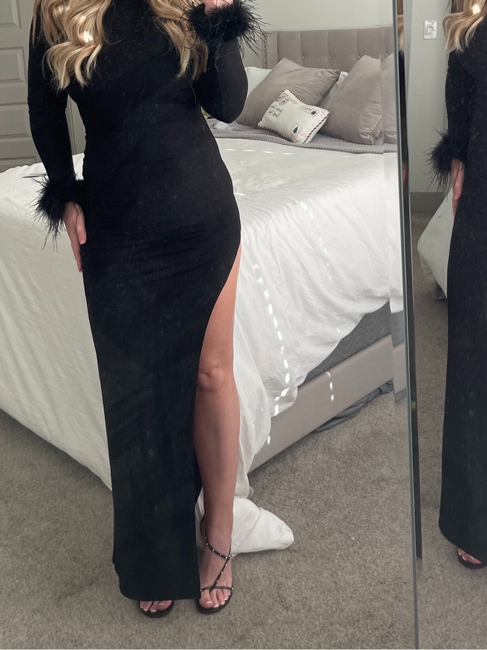naked wardrobe Black Maxi Dress with Feather Cuffs